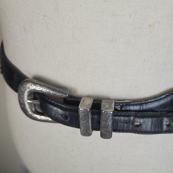 Black Leather Belt Medium Western Silver Concho Cowgirl Rodeo Boho Etched Patina - Picture 3 of 6
